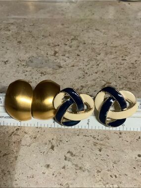 CHANEL-Style Navy and Cream Enamel Interwoven Earrings and Gold earrings